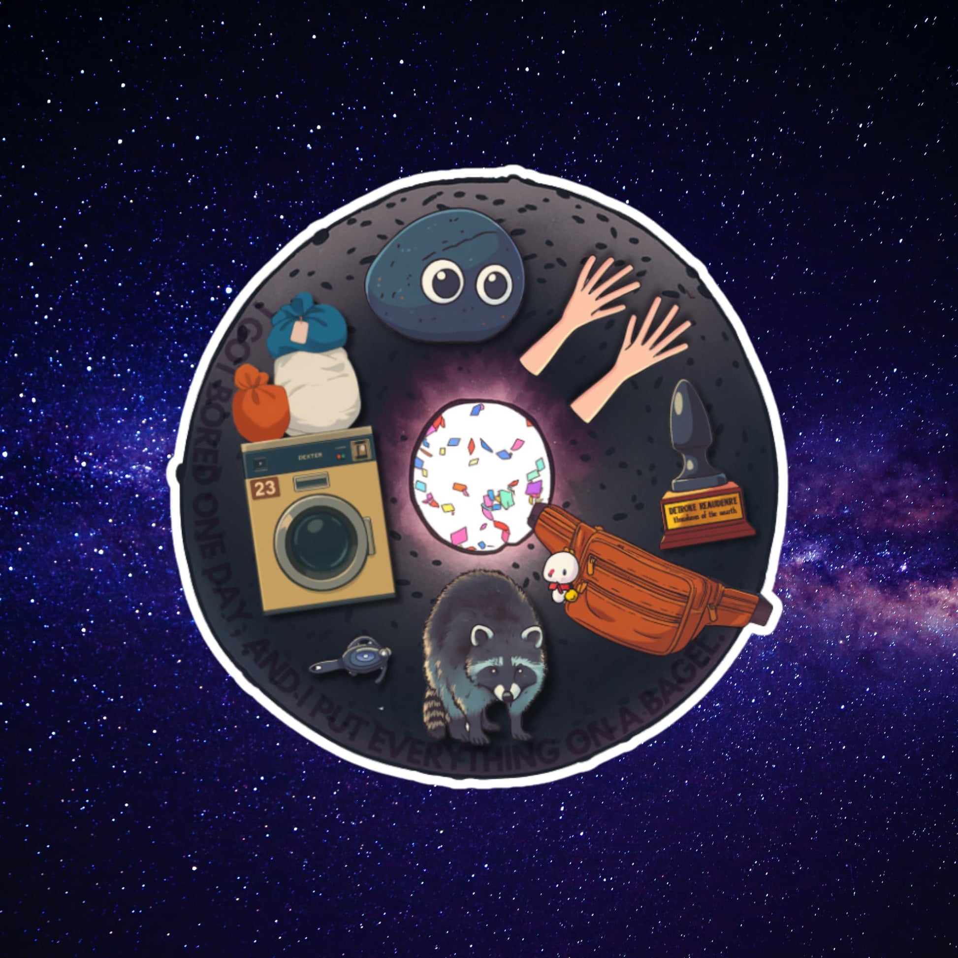 Everything Bagel-themed sticker from Everything Everywhere All At Once floating in a starry galaxy background with cosmic elements.