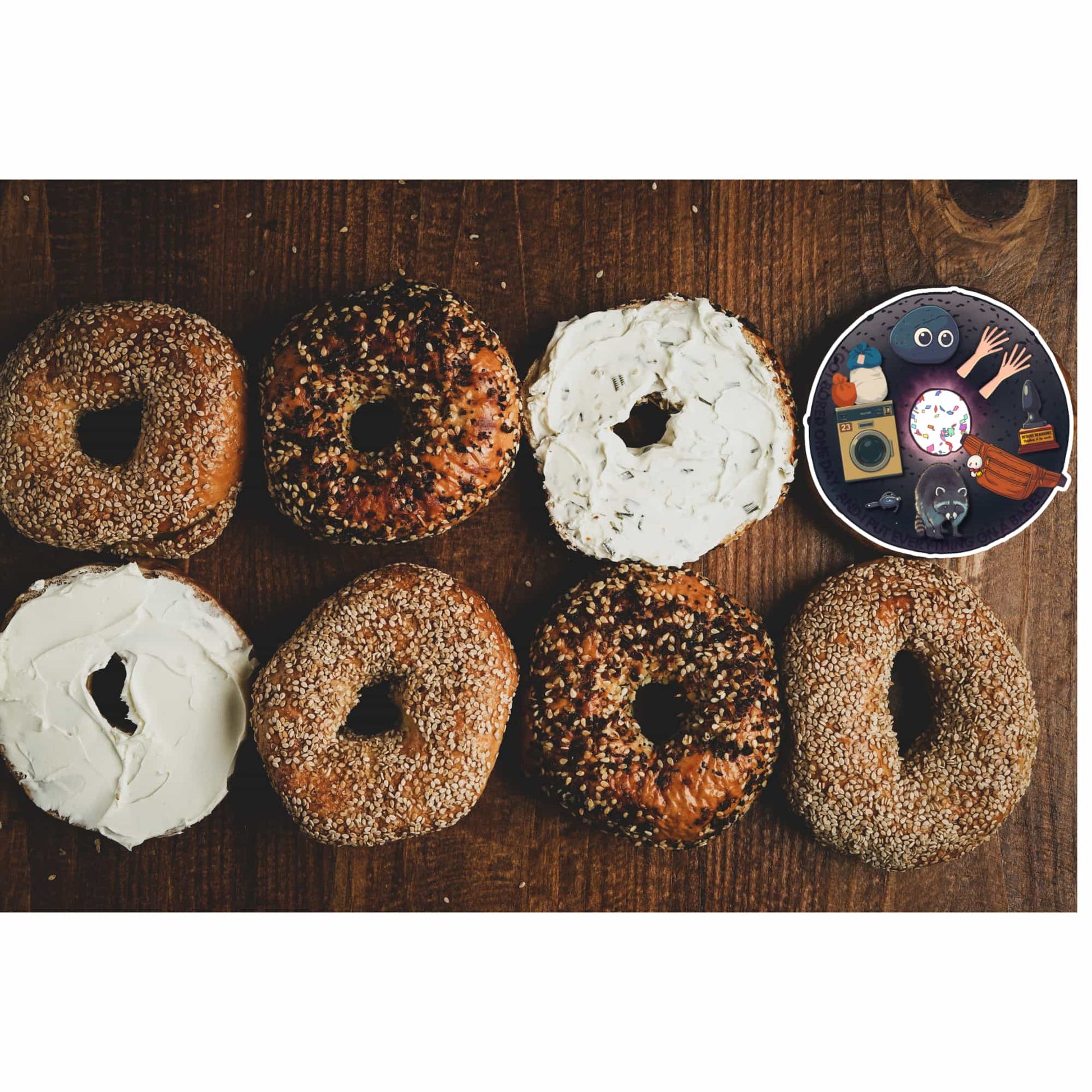 Everything Bagel-themed sticker from Everything Everywhere All At Once floating in a starry galaxy background with cosmic elements.