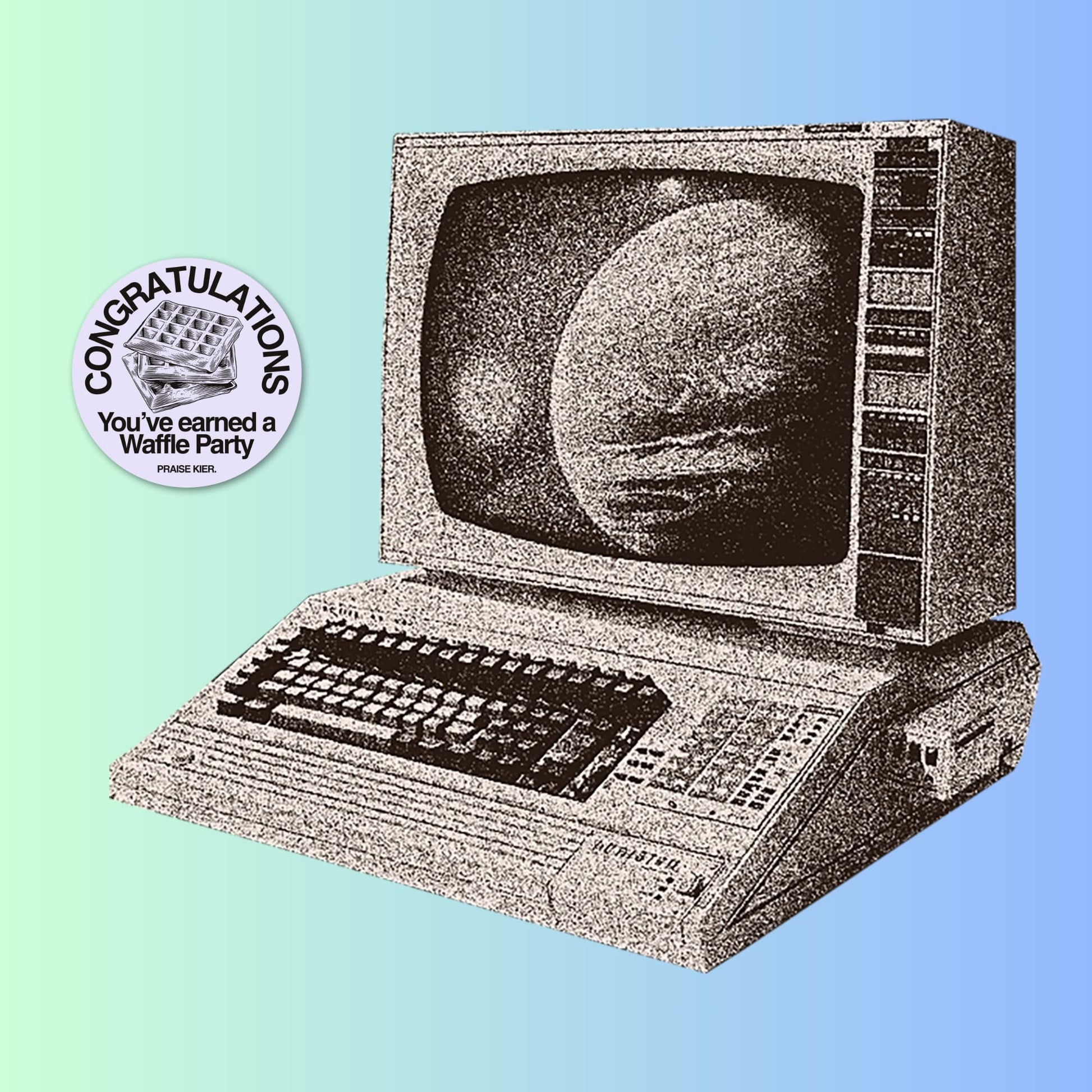 Retro pixel-style illustration of a vintage computer displaying planets on the screen, with a circular sticker beside it that says “Congratulations, you’ve earned a Waffle Party. Praise Kier.” on a soft green-to-blue gradient background. Inspired by Severance with a nostalgic 80s tech vibe.